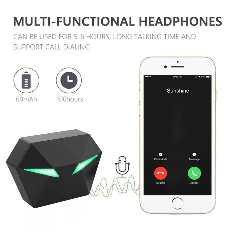 Set di auricolari in-ear neri con custodia esagonale e luci LED verdi