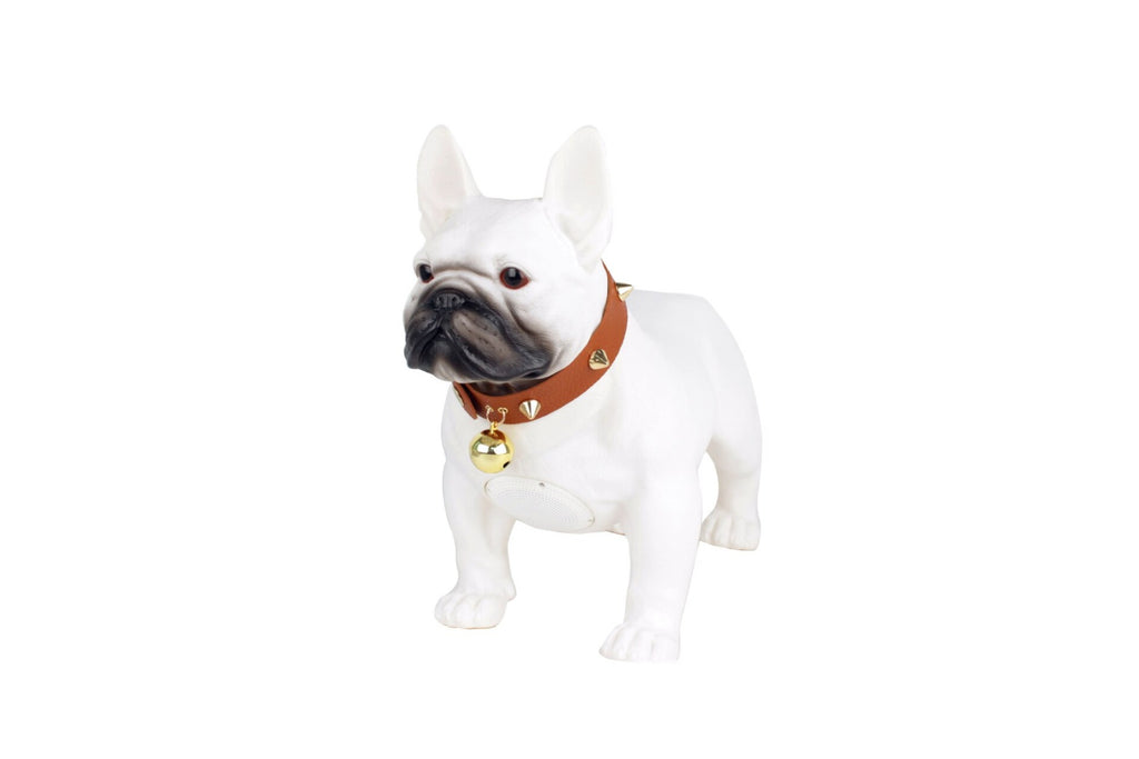 Cassa Bluetooth a forma di bulldog bianco con collare arancione e campanella dorata
