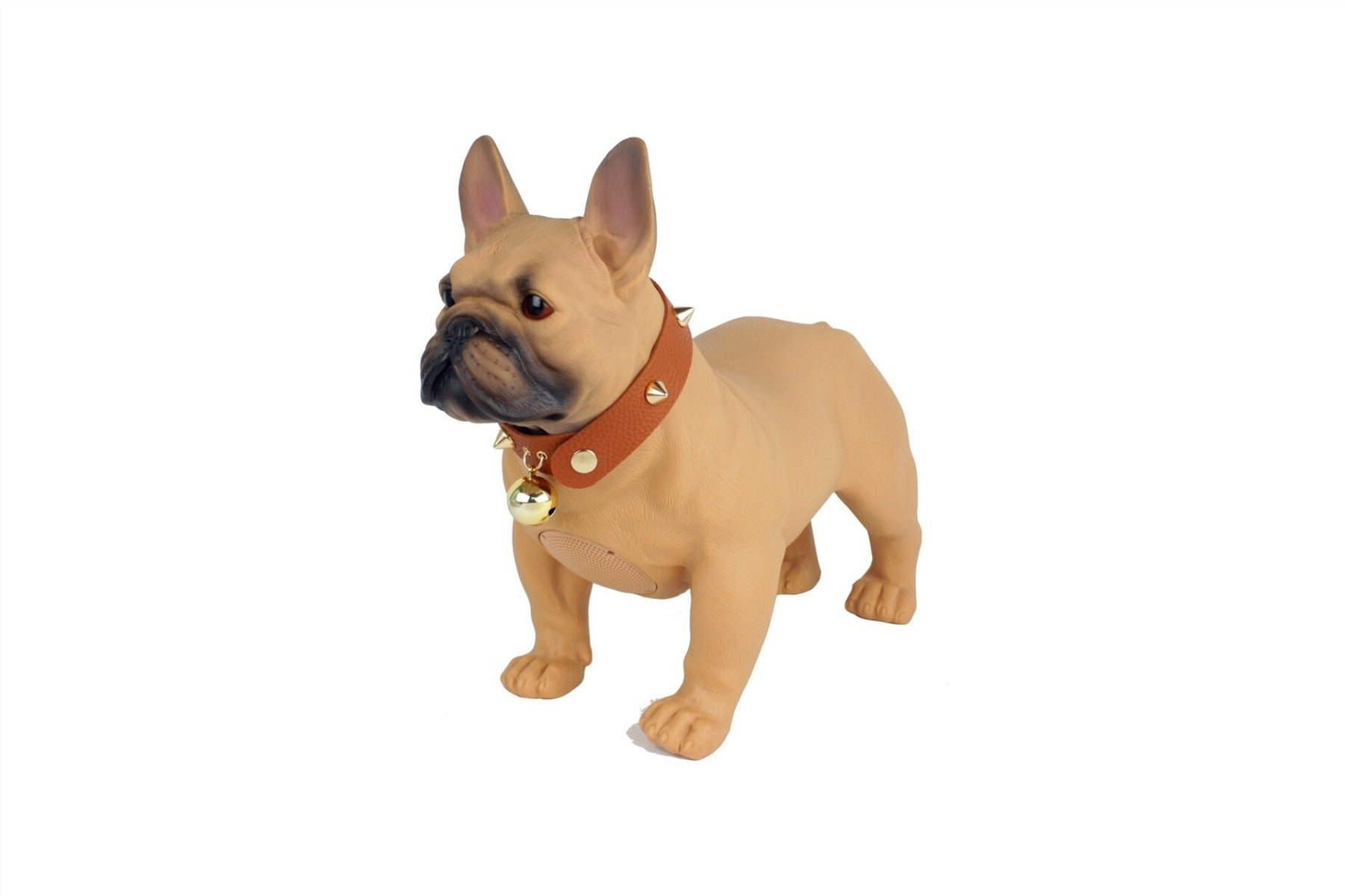 Cassa Bluetooth a forma di bulldog beige con collare arancione e campanella dorata