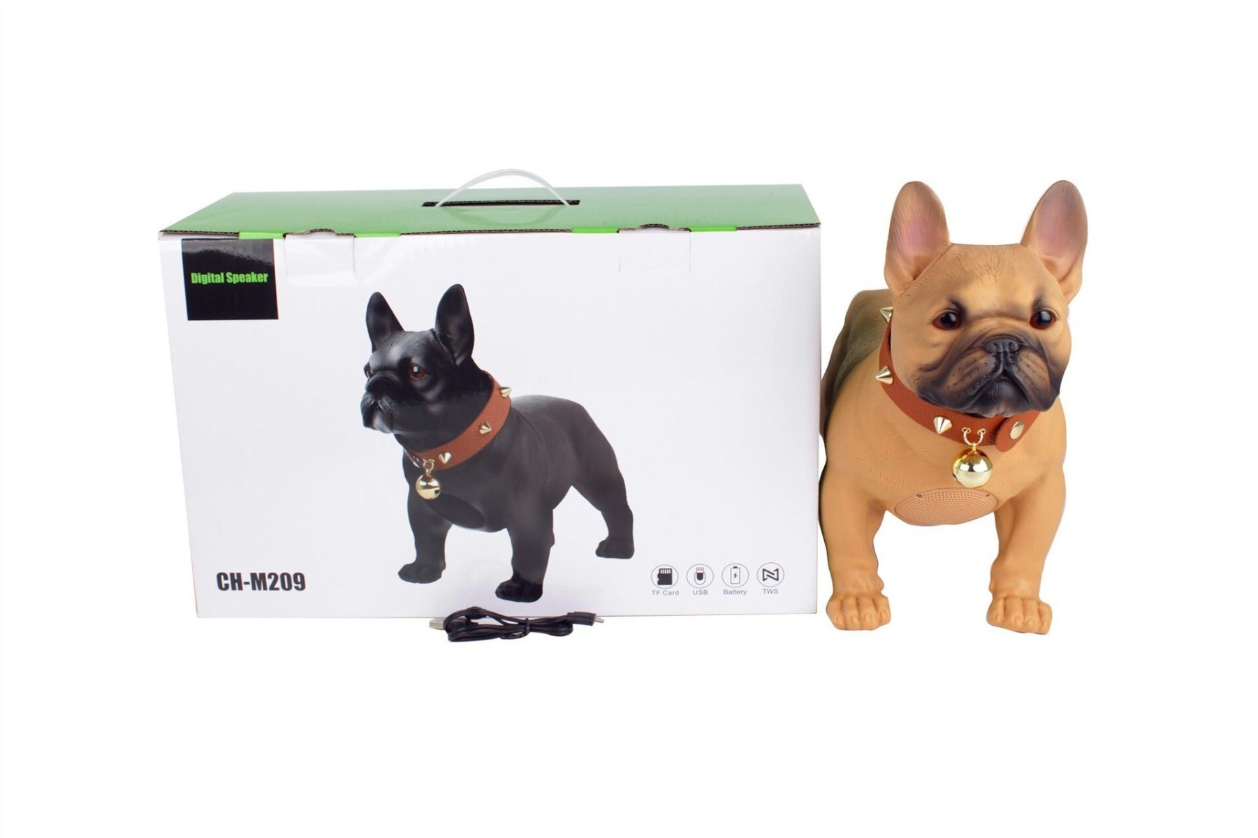 Confezione e cassa Bluetooth a forma di bulldog beige con collare arancione e campanella