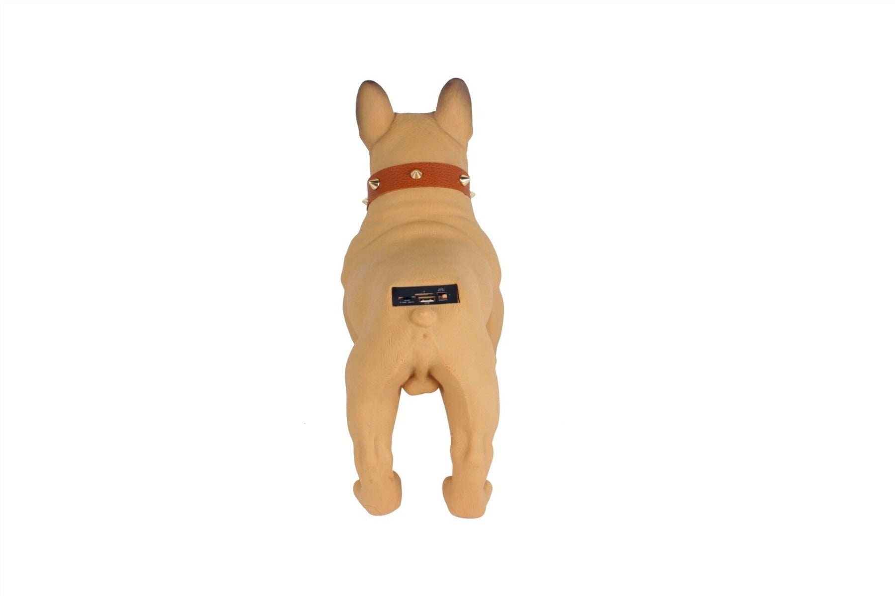 Cassa Bluetooth a forma di bulldog beige, vista posteriore con etichetta rettangolare