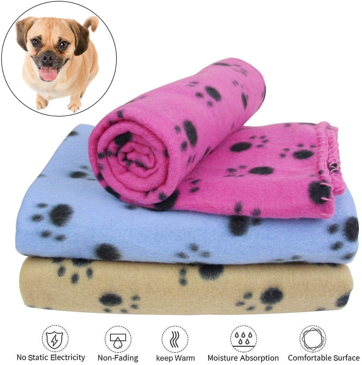 Coperte per animali arrotolate con stampa zampette: nero, beige, panna, azzurro, rosso