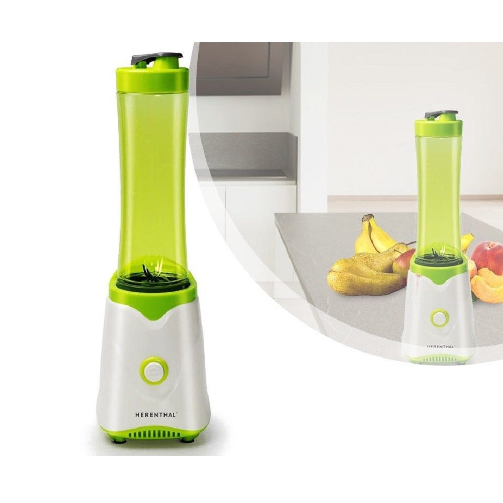 Frullatore mixer centrifuga verde e bianco, coperchio nero, base con fessure