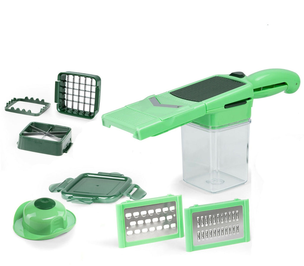 Affettaverdure manuale verde 8 in 1 con accessori a griglia e contenitore trasparente