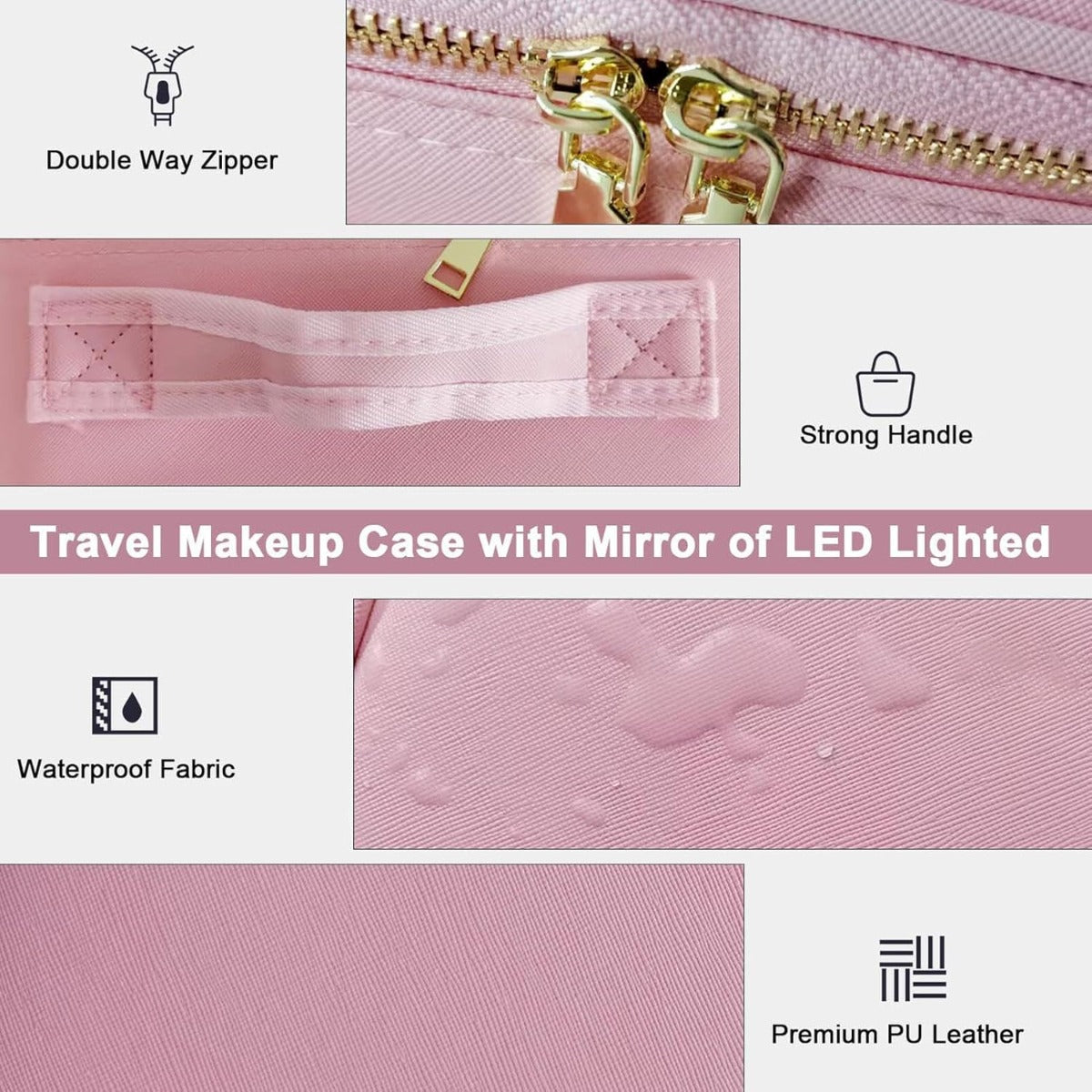 Borsa trucco rosa con cerniera dorata doppia e manico robusto