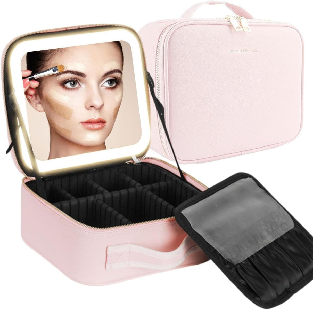 Borsa trucco rosa con specchio LED, organizer nero e astuccio nero pieghevole
