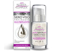 Siero viso antirughe illuminante in flacone trasparente con tappo argento e scatola.