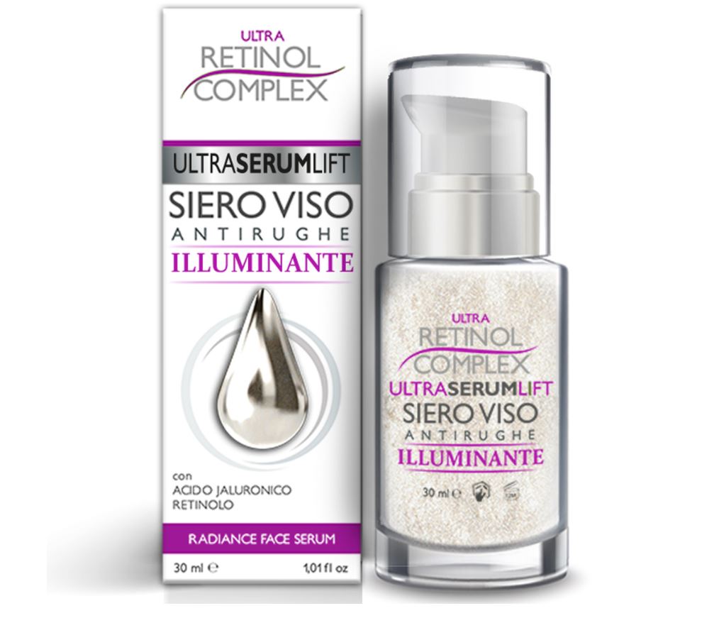 Siero viso antirughe illuminante: flacone con tappo argento e confezione in cartone.