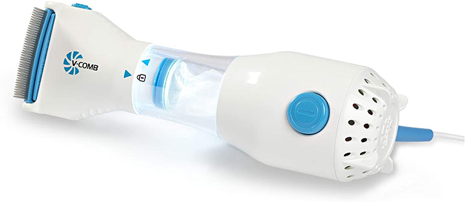 Pettine elettrico antipidocchi bianco con pettinatura metallica e cappuccio blu
