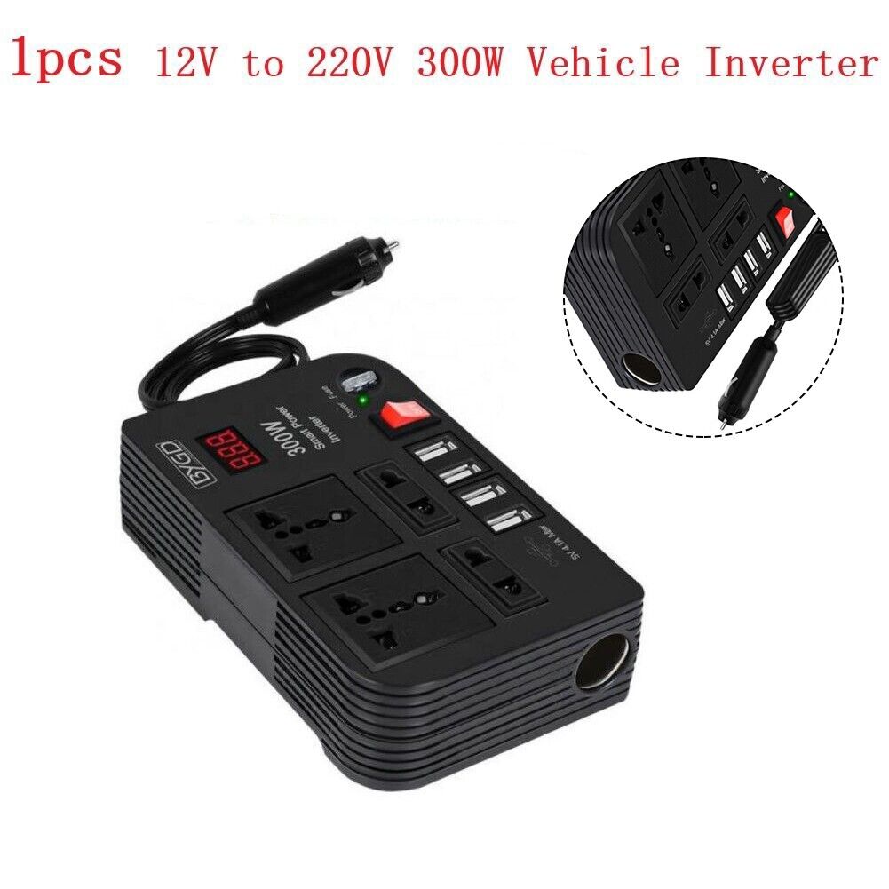 Convertitore auto nero con 4 porte USB e presa, cavo e dettaglio connettore