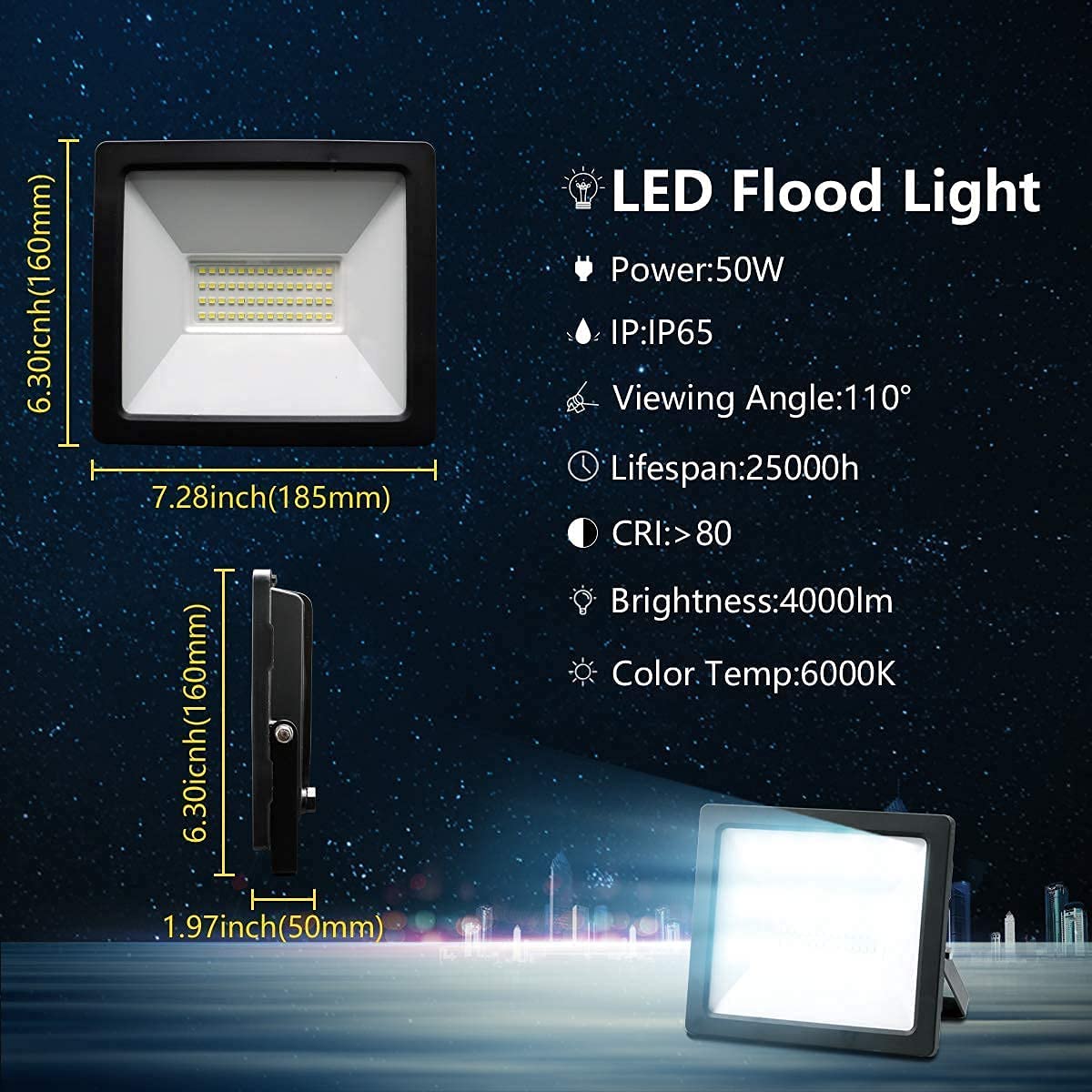 Proiettore LED nero con riflettore quadrato e pannello LED giallo