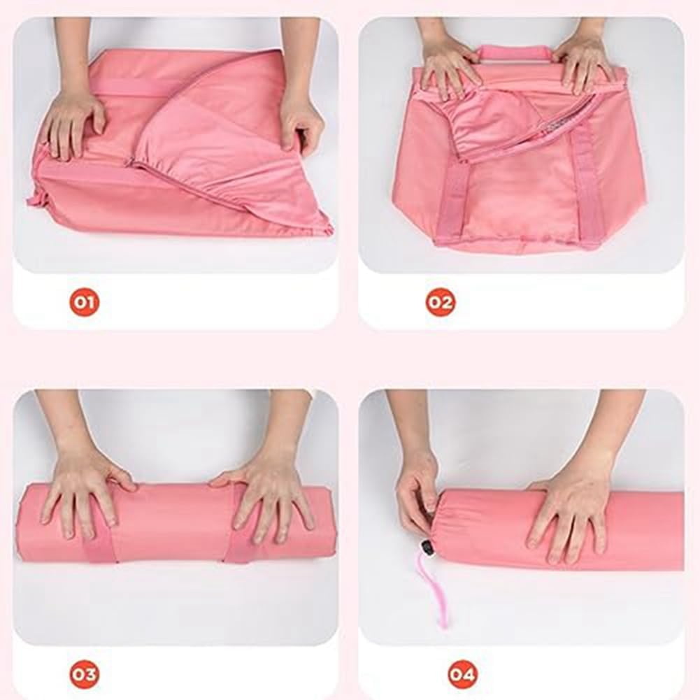 Secchio pieghevole rosa mostrato in borsa, con lato interno e maniglie