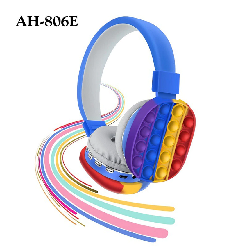 Cuffie Bluetooth per bambini con fascia blu e auricolari grigi, silicone arcobaleno