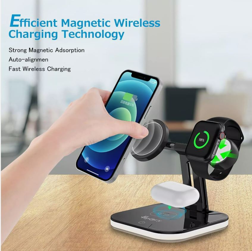 Stazione di ricarica wireless magnetica con supporto per telefono e smartwatch