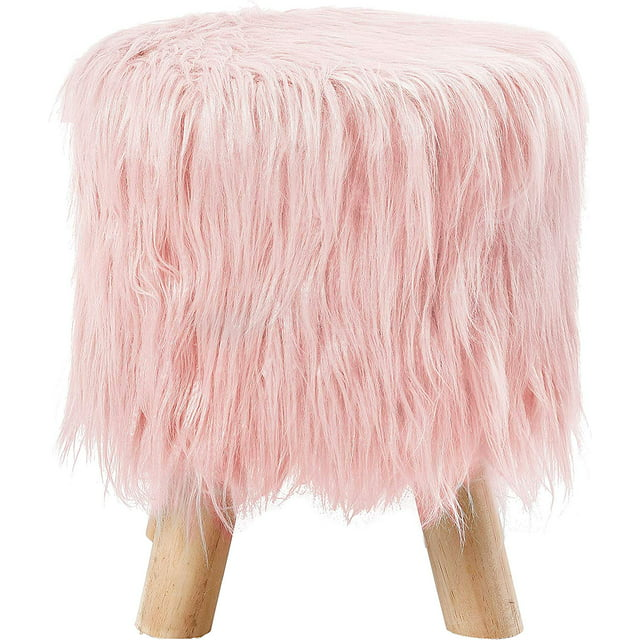 Sgabello pouf in similpelliccia rosa con poggiapiedi e gambe in legno