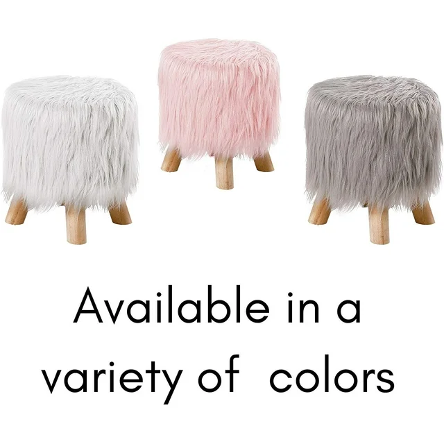 Sgabello pouf in similpelliccia rosa, bianca e grigia con gambe in legno