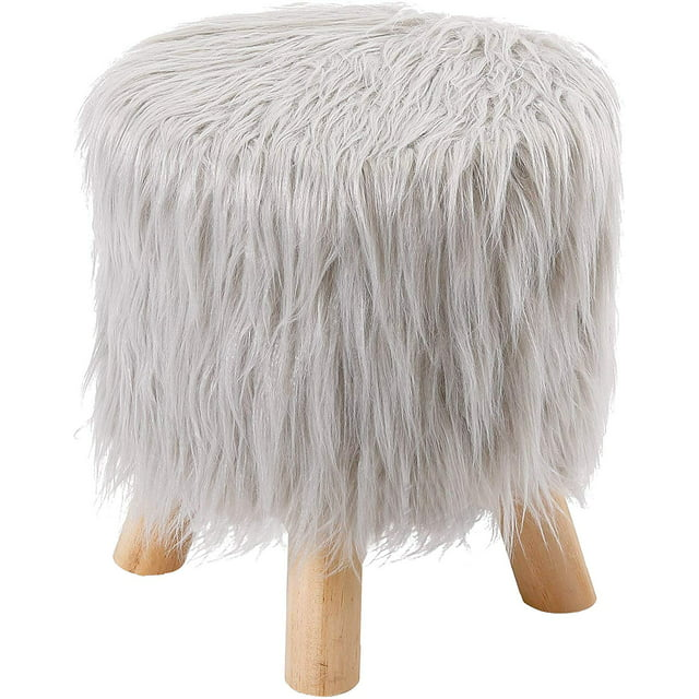Sgabello pouf in similpelliccia grigio chiaro con gambe in legno