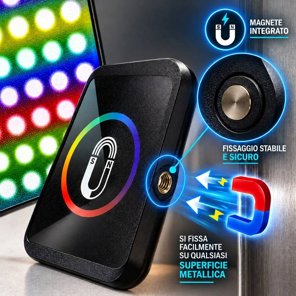 Pannello LED RGB magnetico con magnete integrato, base nera con pulsante