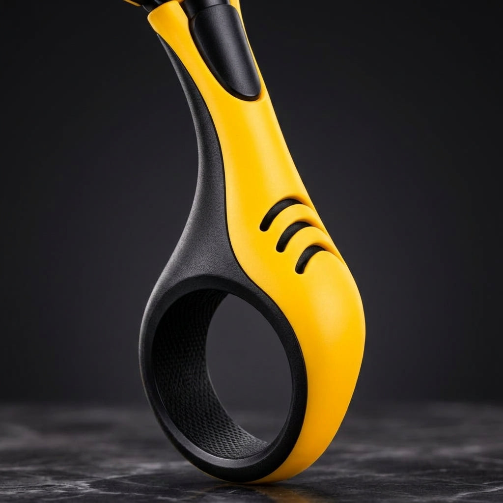 Rasoio manuale giallo e nero con impugnatura ergonomica e anello per presa
