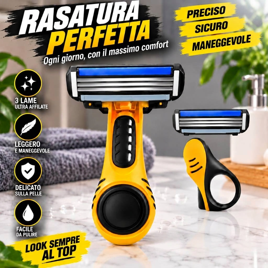 Rasoio manuale per testa e viso con manico ergonomico giallo e testina a 3 lame