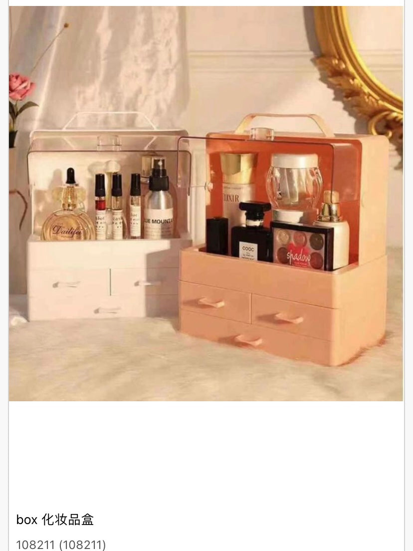 Organizer per cosmetici a 3 cassetti bianco aperto con cassetti e maniglia antipolvere