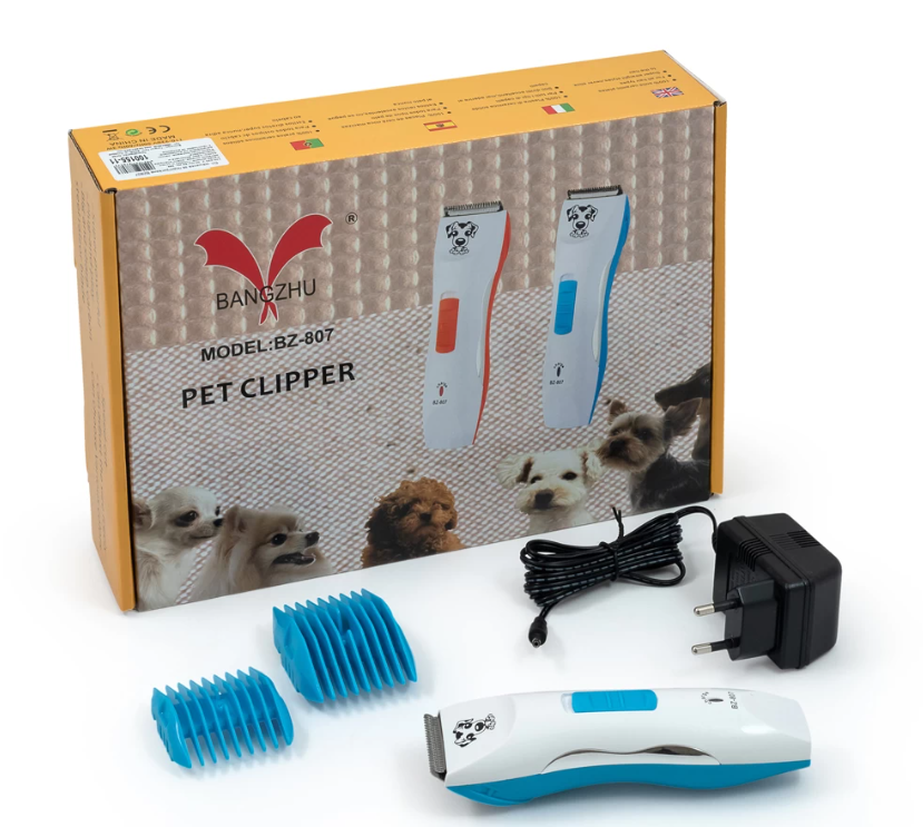 Tosatrice per animali bianca e blu con pettini, alimentatore e cavo