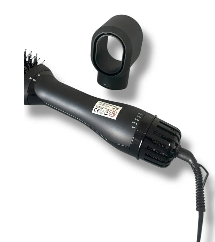 Spazzola per capelli con ugello ad aria concentratore e comandi sul corpo nero