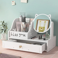 Organizzatore trucco in legno bianco con grande specchio tondo antipolvere