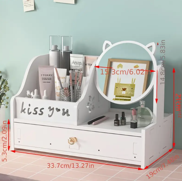 Organizzatore trucco in legno bianco con specchio tondo e cassetto frontale