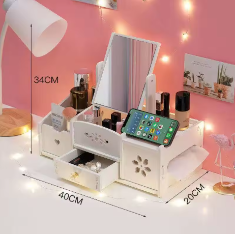 Organizer cosmetici in legno bianco con specchio e cassetti estraibili, scomparti multipli