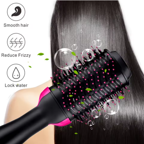 Spazzola ad aria calda nera con setole rosa su capelli