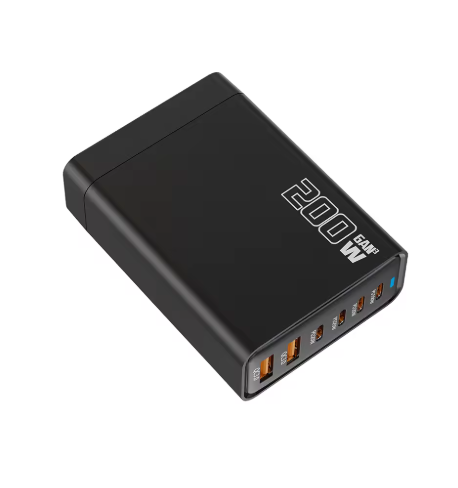 Caricatore USB‑C 200W GaN con connettori multipli su lato