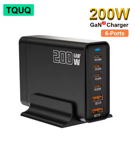 Stazione di ricarica USB‑C 200W con pannello porte e base d’appoggio