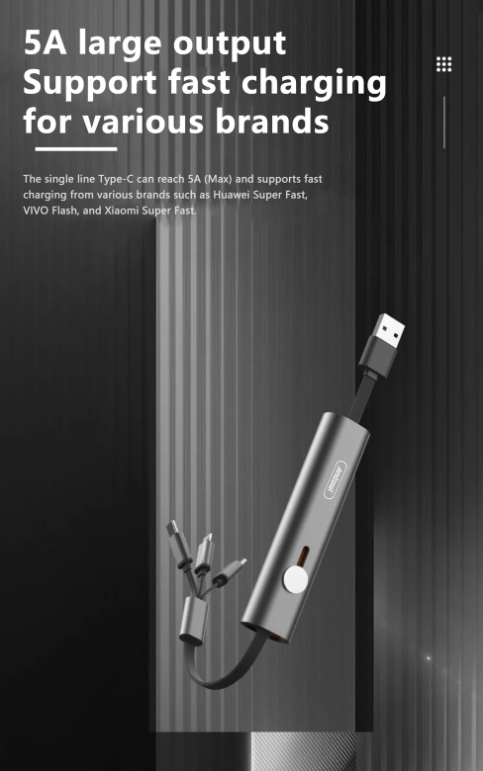 Cavo di ricarica 3 in 1 grigio con spina USB e cavi multipli
