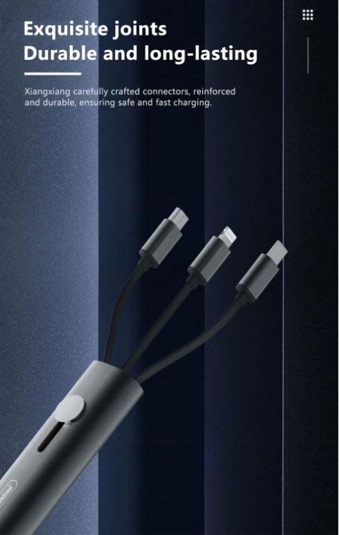 Cavo di ricarica 3 in 1 grigio con tre connettori rivestiti