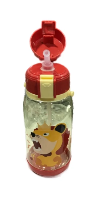 Borraccia antiperdite 650 ml in tritan, tappo rosso aperto, motivo leone