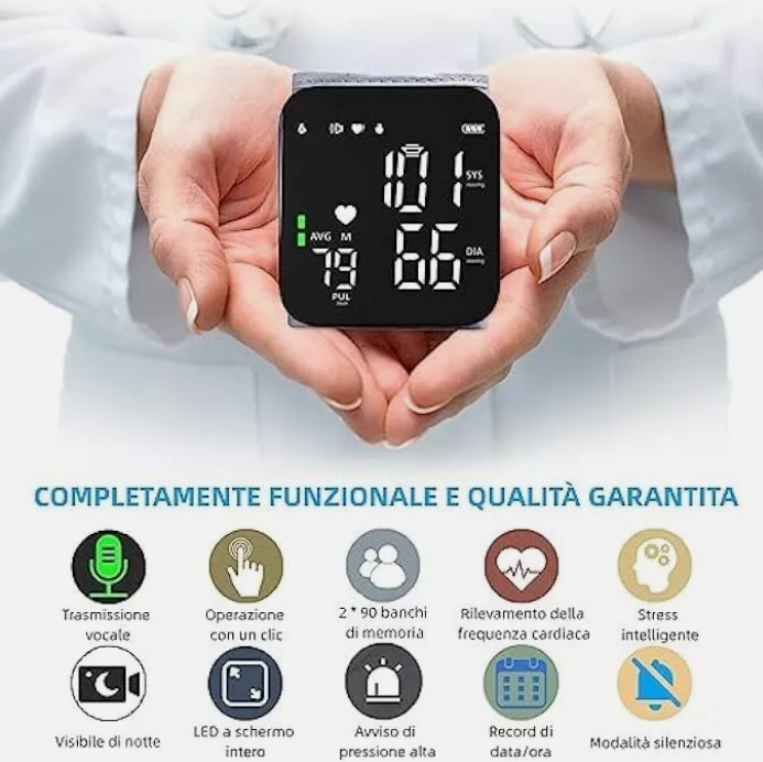 Bracciale misuratore di pressione da polso con display LED acceso, indossato sulla mano