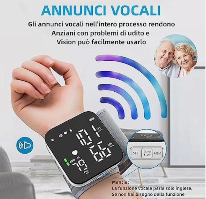 Bracciale misuratore di pressione da polso con display nero acceso e cinturino grigio