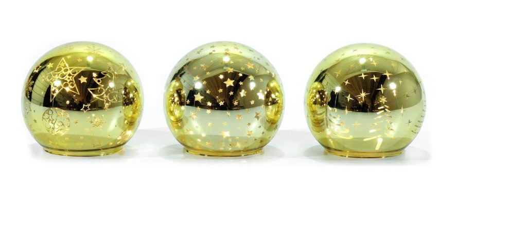 Set di tre sfere luminose LED in vetro dorato trasparente con stelle