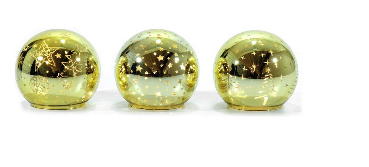 Set di tre sfere luminose LED in vetro dorato trasparente con stelle