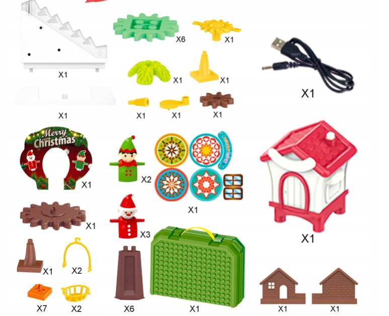 Set componenti del tavolo: ingranaggi, pezzi colorati, base verde e cavetto