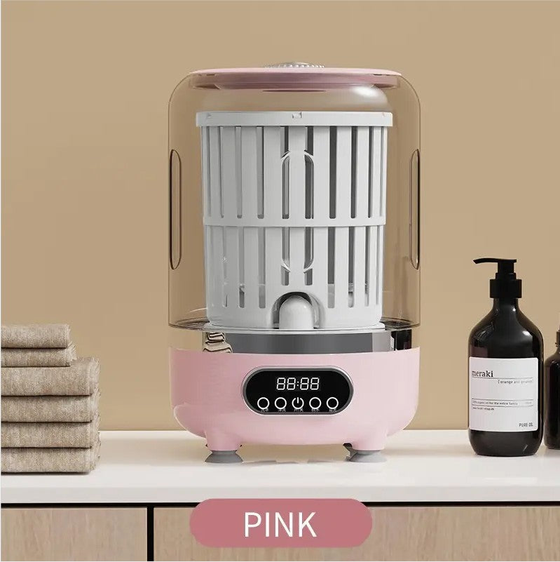 Mini lavatrice portatile 3-in-1 rosa con display digitale e cestello trasparente.
