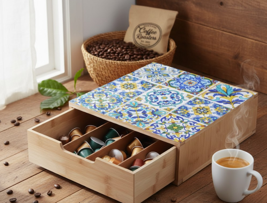 Organizer in bambù per capsule con cassetto estraibile, capsule colorate in vani