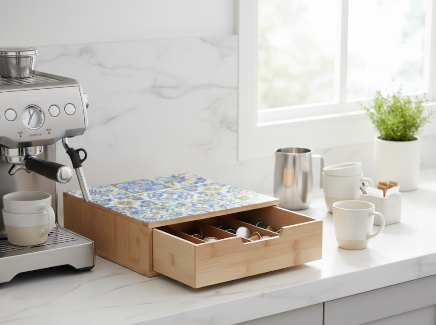 Organizer in bambù per capsule con cassetto estraibile e ripiano con copertura decorata
