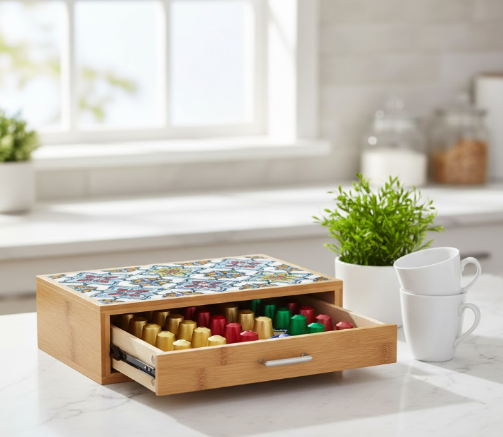 Organizer in bambù per capsule con cassetto aperto, maniglia e capsule colorate