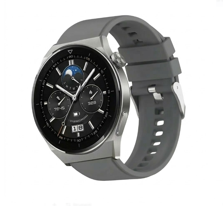 Smartwatch grigio con cinturino grigio in silicone, quadrante nero con icone