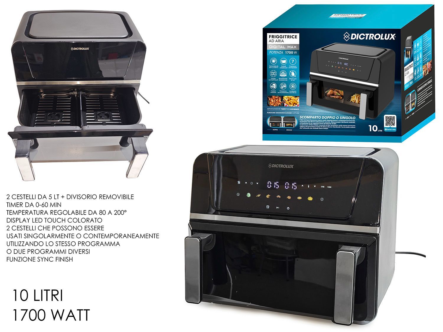 Friggitrice ad aria digitale 10L – Doppio Scomparto con Display Touch e 7 Programmi
