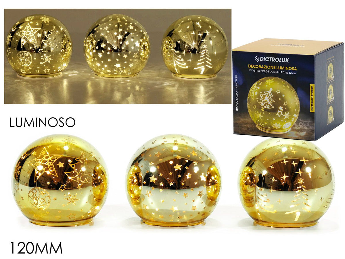 Sfere luminose LED in vetro dorato con decorazioni a stelle, con scatola