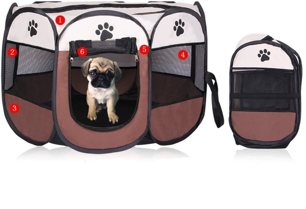 Cuccia pieghevole per animali con stampa zampa, portatile, ingresso con zip e rete laterale.