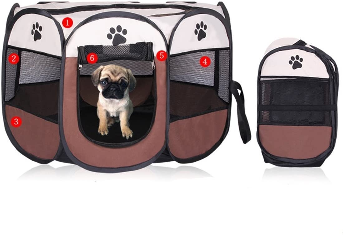 Cuccia pieghevole per animali con stampa zampa, portatile, ingresso con zip e rete laterale.